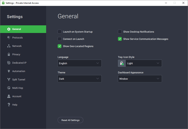 Private Internet Access' Software Settings