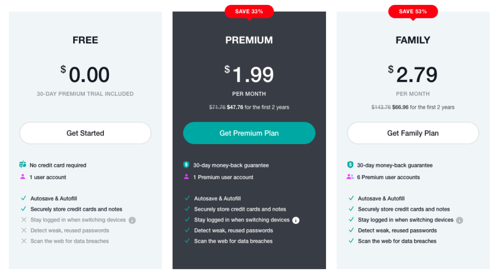 Screenshot showing the pricing for NordPass' three tiers: Free, Premium, and Family.