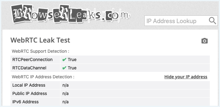 WebRTC leak test regarding ExpressVPN from the website Browserleaks